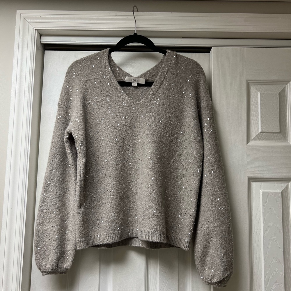 LOFT Speckled Taupe V-Neck Sweater